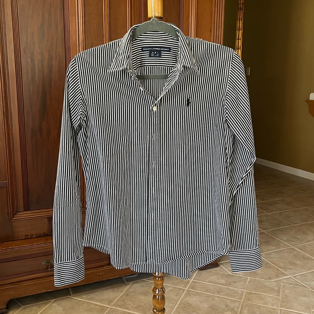Ralph Lauren Sport Black & White Striped Shirt Slim Fit 100% Cotton